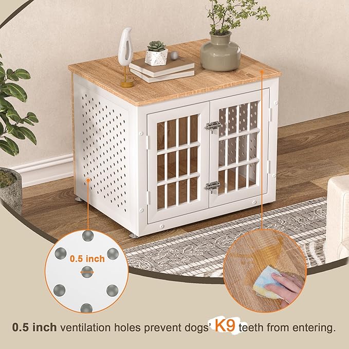 26" Heavy Duty Dog Crate Furniture for Small Dogs, Metal Kennel for High Anxiety Dogs, Chew Proof Pet Cage Indoor, Decorative Dog Kennel End Table,White-PurrikoPets