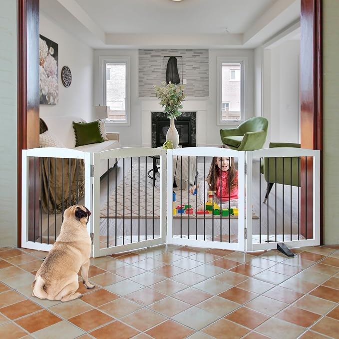 Freestanding Panel Dog Gate for Indoor, Doorways, Stairs, or Hallways - Foldable Wooden Pet Fence With Support Feet - 24" Height, 4 Panels, White-PurrikoPets