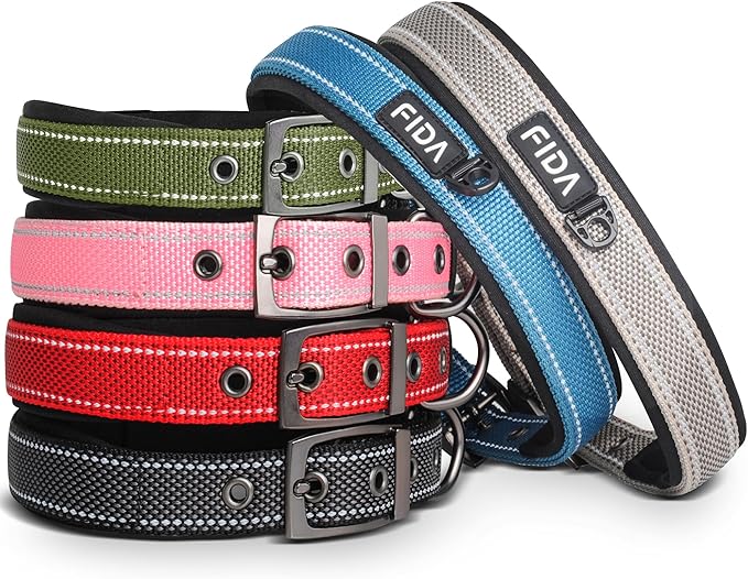 Fida Heavy Duty Dog Collar for Medium Dogs, Ultra Comfortable Soft Neoprene Padded, Adjustable Reflective Nylon Pet Collar with Durable Metal Belt Buckle for Medium Breeds (M, Green)-PurrikoPets
