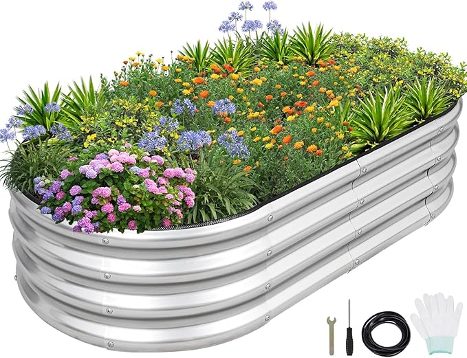 1MORE Galvanized Raised Garden Bed- Planter Garden Boxes Outdoor, Raised Beds for Gardening, 4x2x1ft Metal Garden Bed Kit for Vegetables Flower, Planter Raised Bed with Protective Tape & Tools.Silver-PurrikoPets