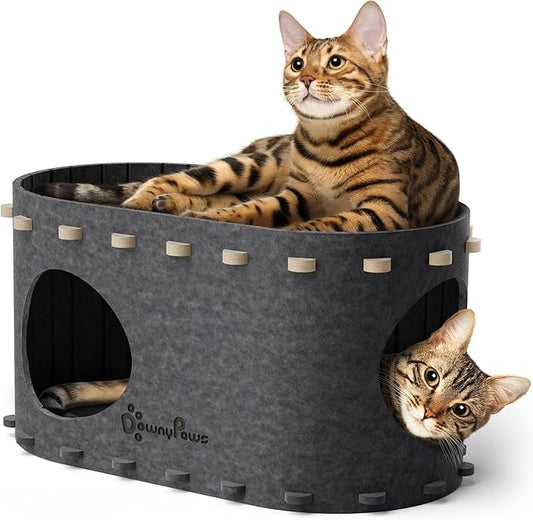 DownyPaws Cat House for Indoor Cats, Cat Bed Cave for Multiple & Large Cats Up to 22 Lbs, Scratch Resistant Peekaboo Cat Caves, Foldable Tunnel Enclosed Bed, PeekaPurr, Sesame Gray-PurrikoPets