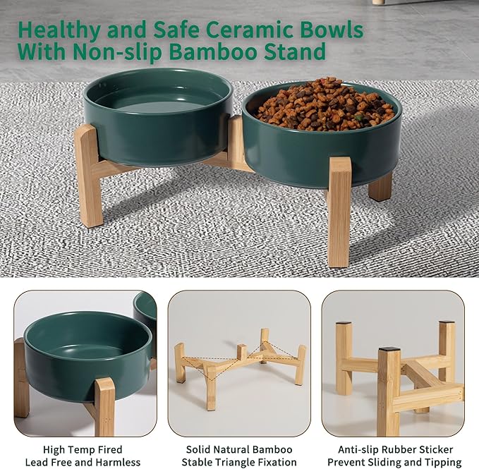 Elevated Ceramic Dog Bowl Set - Raised Feeding Bowls with Non-Slip Bamboo Stand - Small Pet Dishes for Food and Water - Ideal for Cats and Puppies - 16.23 OZ - 2 Cups - 480 ML-PurrikoPets