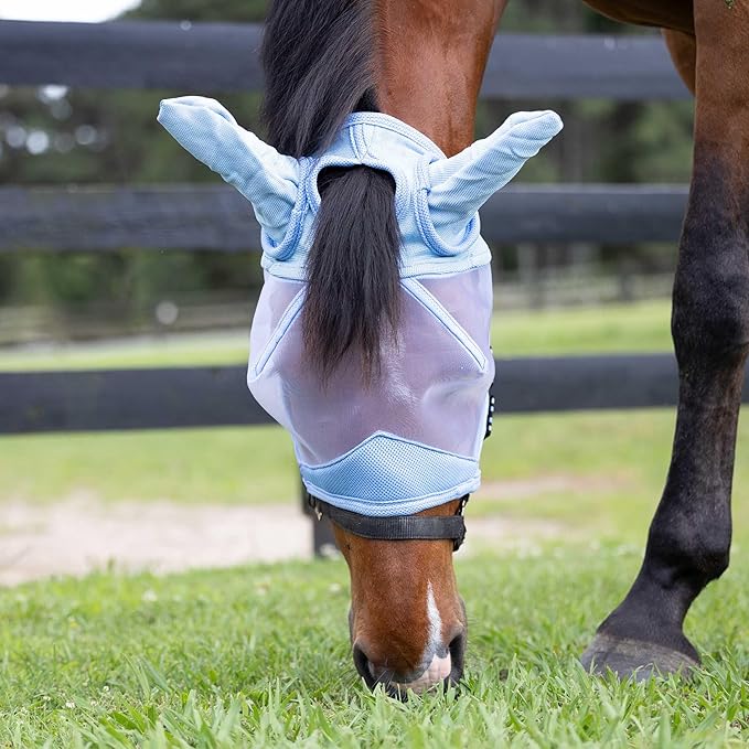 Equinavia Algard Soft Mesh Horse Fly Mask with Ear Protection and 45 UPF Rating | No Eye Irritation & UV Protection - Light Blue - Warmblood-PurrikoPets