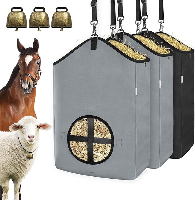 3 PCS Goat Hay Feeder,Hay Bags for Horses,Goats,Donkeys with Reinforced Oxford Fabric and High Strength Metal Clasp,Horse Feeding Supplies with Adjustable Strap for Easy Hanging (2Grey+1Black)-PurrikoPets