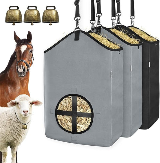 3 PCS Goat Hay Feeder,Hay Bags for Horses,Goats,Donkeys with Reinforced Oxford Fabric and High Strength Metal Clasp,Horse Feeding Supplies with Adjustable Strap for Easy Hanging (2Grey+1Black)-PurrikoPets