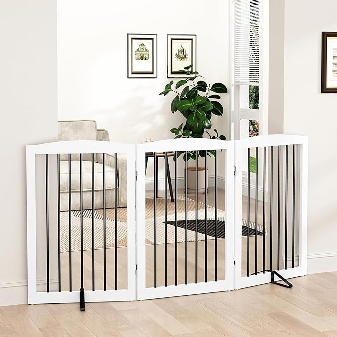 Freestanding Pet Gate for Dogs, Foldable Wooden Dog Gate for House Indoor, Tall Pet Fence for Stair, Doorway,Hall, Support Feet Included, 3 Panels 32",White-PurrikoPets