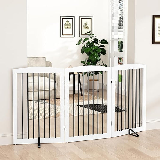 Freestanding Pet Gate for Dogs, Foldable Wooden Dog Gate for House Indoor, Tall Pet Fence for Stair, Doorway,Hall, Support Feet Included, 3 Panels 32",White-PurrikoPets