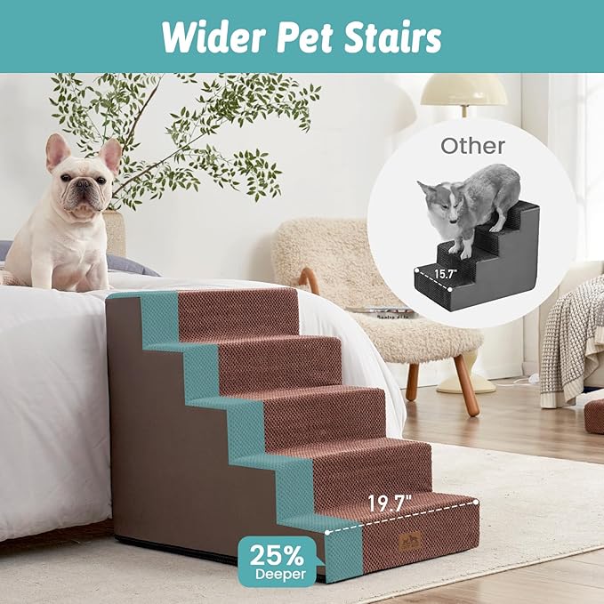 Dog Stairs for Small Dogs, 5 Tier Wider Pet Stairs for High Beds, 23.6" H Non-Slip Dog Steps for Old Cats, Puppies, Small Medium Dogs, 29.5x19.7x23.6 inch, Brown-PurrikoPets
