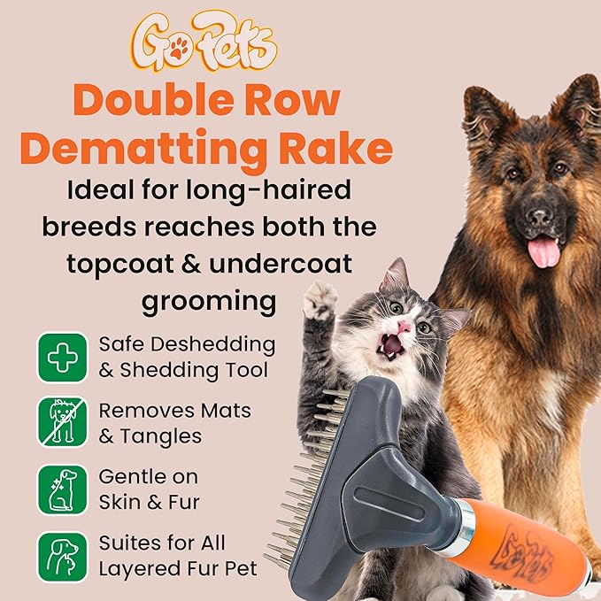 GoPets Double Row Dematting Rake, Undercoat Grooming Tool for Thick and Long Coat Pets, Ideal for Sensitive Skin, Reduces Breakage, Supports Daily Shedding Control, Detangler for Dogs and Cats-PurrikoPets