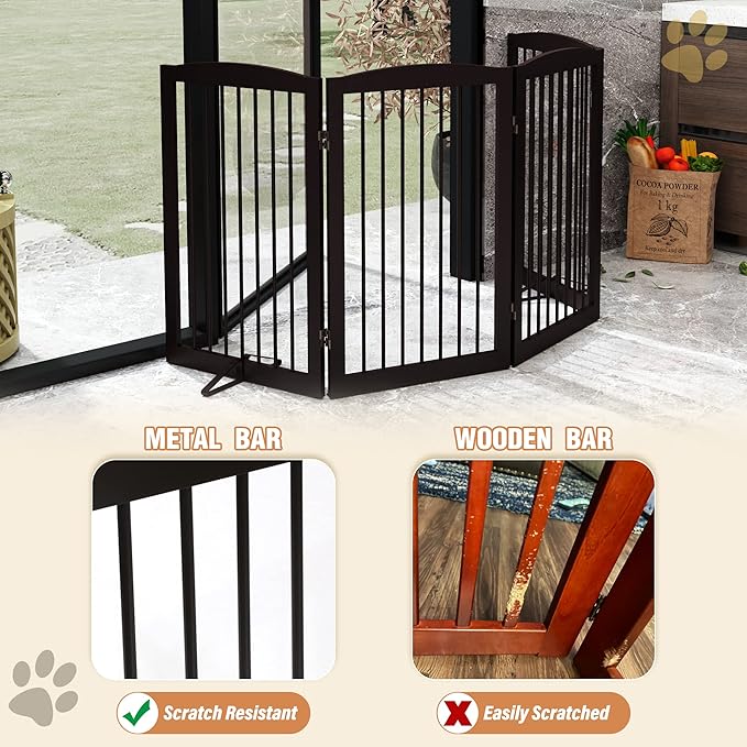 Freestanding Pet Gate for Dogs, Indoor Wooden Foldable Dog Gate for House, Doorway, Stair, 80 Inch Wide, 4 Panels 32",Brown-PurrikoPets