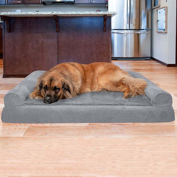 Furhaven Orthopedic Dog Bed for Large Dogs w/ Removable Bolsters & Washable Cover, For Dogs Up to 125 lbs - Plush & Suede Sofa - Gray, Jumbo Plus/XXL-PurrikoPets