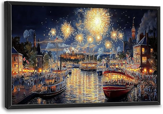 Framed Large Firework Night Sky Wall Art, Oversized European City Landscape Wall Decor for Living Room, River Boats Canvas Pictures Home Decoration for Living Room Bedroom Office 36"x24"-PurrikoPets