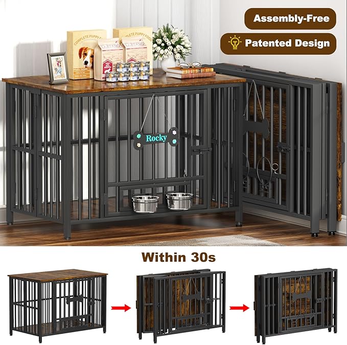Easycom 41" Dog Crate Furniture Foldable, No Assembly Decorative Dog Kennel Indoor, Dog Crates for Large Dogs (40–65 lbs), Wooden Dog Cage with Adjustable Bowls and Name Tag, End Table, Rustic Brown-PurrikoPets
