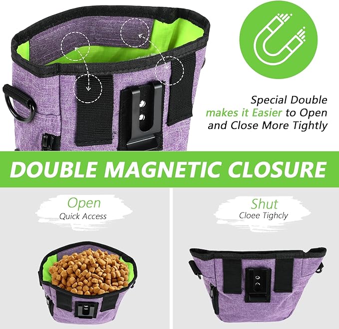 Dog Treat Pouches for Pet Training with Magnetic Closure Treat Pouches for Pet Training,Large Dog Treat Training Pouch and Dog Clicker,Training Treat Pouch Built-In Poop Bag Dispenser-Purple.-PurrikoPets