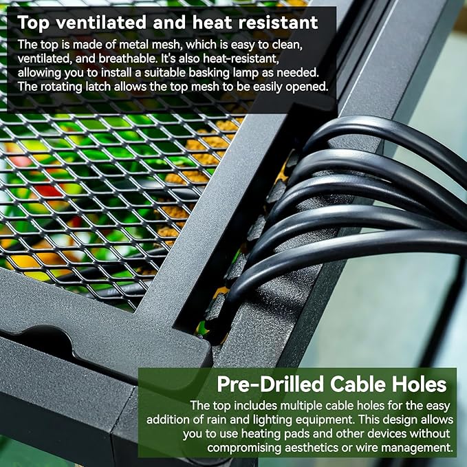 Glass Reptile Tank Front Opening Terrarium Suitable for Leopard Geckos, Snakes, Tree Frogs, Chameleons,Watertight Base, Ventilated Metal Mesh Top, Pre-Drilled Cable Holes 23.9x18x18''-PurrikoPets