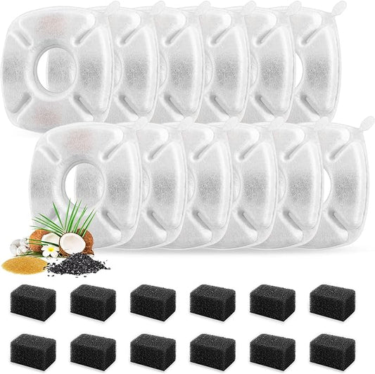 24 Pcs Cat Fountain Replacement Filters 12 Pack Cat Water Fountain Replacement Filters with 12 Pack Pre-Filter Sponges, Pet Fountain Filter Fit for 95oz/2.8L Automatic Pet Fountain Cat Water Fountain-PurrikoPets