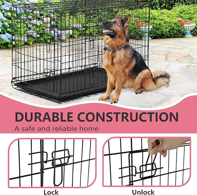 FDW Extra Large Dog Crate Dog Kennel Cage with Double Door,48 inch Folding Metal Wire Dog Cage with Removable Tray&Divider Panel,Pet Crate for Large Dogs,Black-PurrikoPets