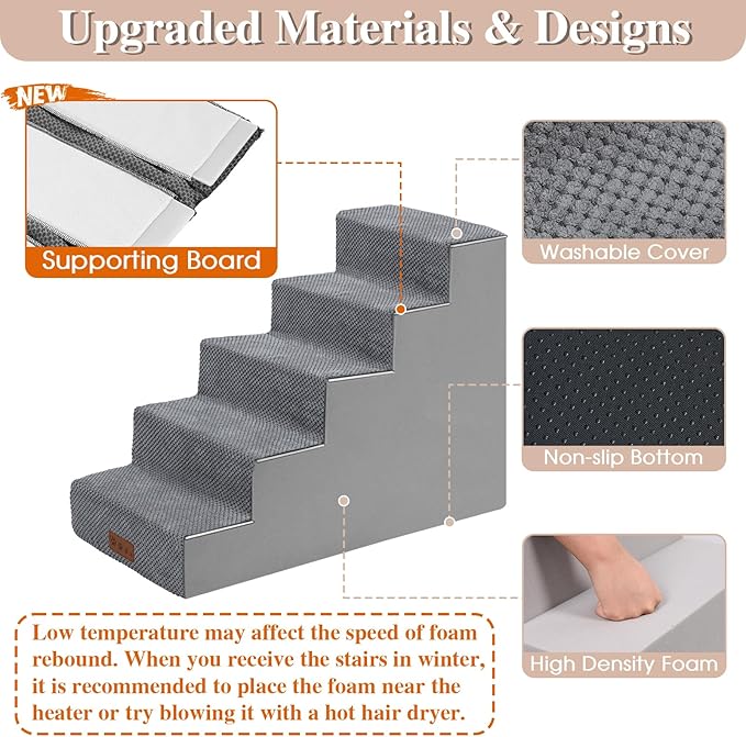 GGIB Dog Stairs for Small Dogs Cats Non-Slip Dog Steps for High Bed Pet Stairs for Sofa Couch Pet Ramp Pet Steps with Removable Washable Cover, Grey, 22" H, 5-Step-PurrikoPets
