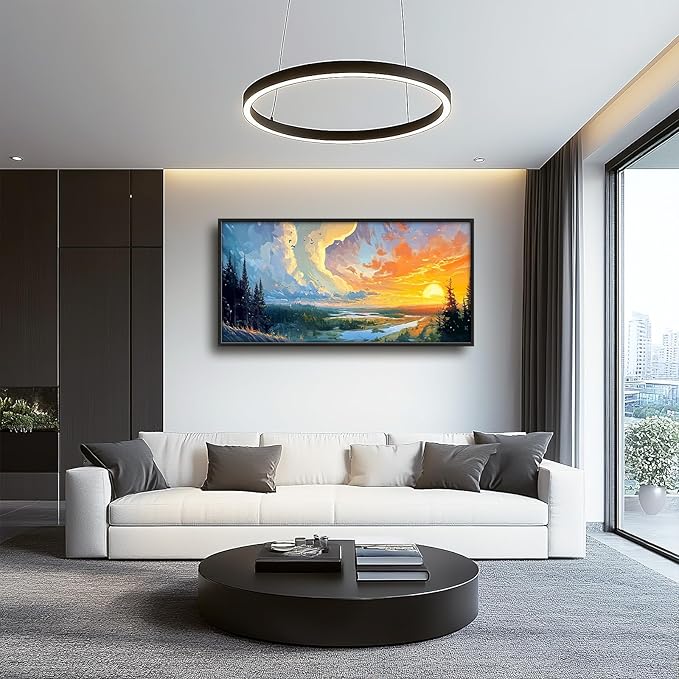 Framed Large Sunrise Wall Art for Living Room, Oversized Sunrise Wall Decor Forest Lake Landscape Canvas Print Natural Picture Home Decoration for Bedroom Living Room Office 60"x30"-PurrikoPets