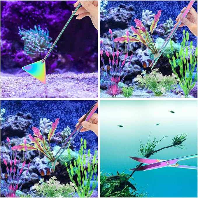 4 in 1 Quarium Aquascape Tools Kits, Anti-Rust Stainless Steel Aquatic Plant Aquascaping Tweezers, Scissors, Spatula for Aquarium Tank Cleaning Fish Tank Aquascape Tools Sets-PurrikoPets