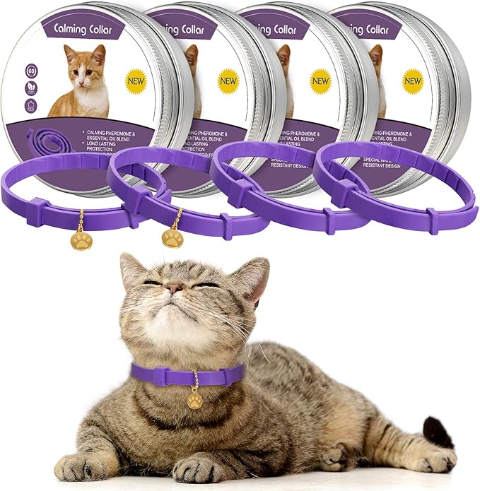 4 Pcs Cat Calming Collar Adjustable Lavender Scent Relaxing Cat Collar with 2 Pendant for Puppies Reduce Stress Aggression Anxious, up to 15 Inches(Purple, Gold)-PurrikoPets