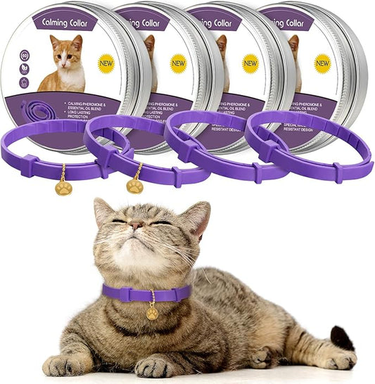 4 Pcs Cat Calming Collar Adjustable Lavender Scent Relaxing Cat Collar with 2 Pendant for Puppies Reduce Stress Aggression Anxious, up to 15 Inches(Purple, Gold)-PurrikoPets