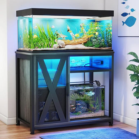 DWVO 40-50 Gallon Aquarium Stand with Power Outlets & LED Light, Cabinet for Fish Tank Accessories Storage - Metal Fish Tank Stand Suitable for Turtle, Reptile Terrarium, 660LBS Capacity, Grey-PurrikoPets