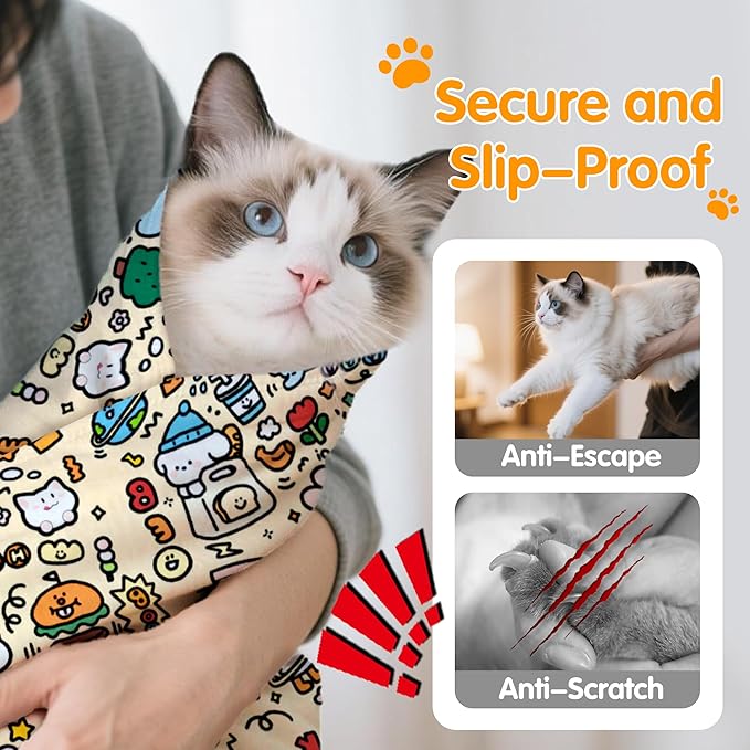 27.6" Large Cat Grooming Wrap, Cat Grooming Supplies, Cat Wrap for Cutting Nails, Self-Adhesive Cat Grooming Bag for Cats Within 15lbs Cat Restraint for Nail Clipping, Medicine Taking(Yellow)-PurrikoPets