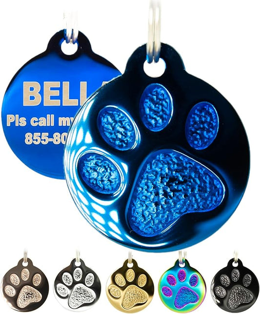 Engraved Pet Tag for Dogs and Cats - Personalized Front & Back up to 4 Lines of Text Custom Engraved ID, Round Paw Print Solid Plating Stainless Steel Blue Regular-PurrikoPets
