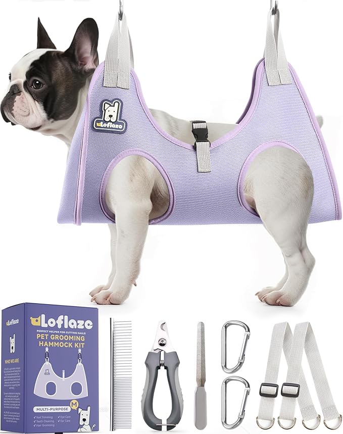 Dog Grooming Hammock Harness for Dogs & Cats with Pet Nail Clipper Trimmer - Cat Hanger Sling for Trimming Clipping Nails- Dog Hammock Restraint Bag for Small Medium Large pet （ Purple M）-PurrikoPets