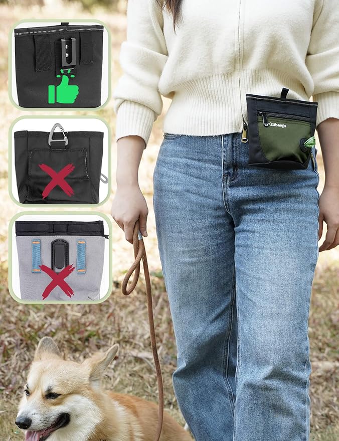 Gobeigo Dog Treat Pouch and Training Clicker, Upgrade Two Magnetic Closure to Prevent Spills, 2 Cup Treat Bag with Poop Bag Dispenser, Metal Clip Waist Belt Fanny Pack for Pet Walk (Black/Army Green)-PurrikoPets