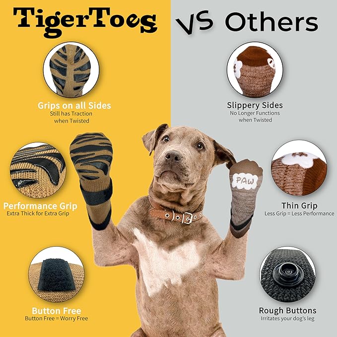 DOK TigerToes Premium Non-Slip Dog Socks for Hardwood Floors - Extra-Thick Grip That Works Even When Twisted - Prevents Licking, Slipping, and Great for Dog Paw Protection (Cool Caramel, X-Large)-PurrikoPets