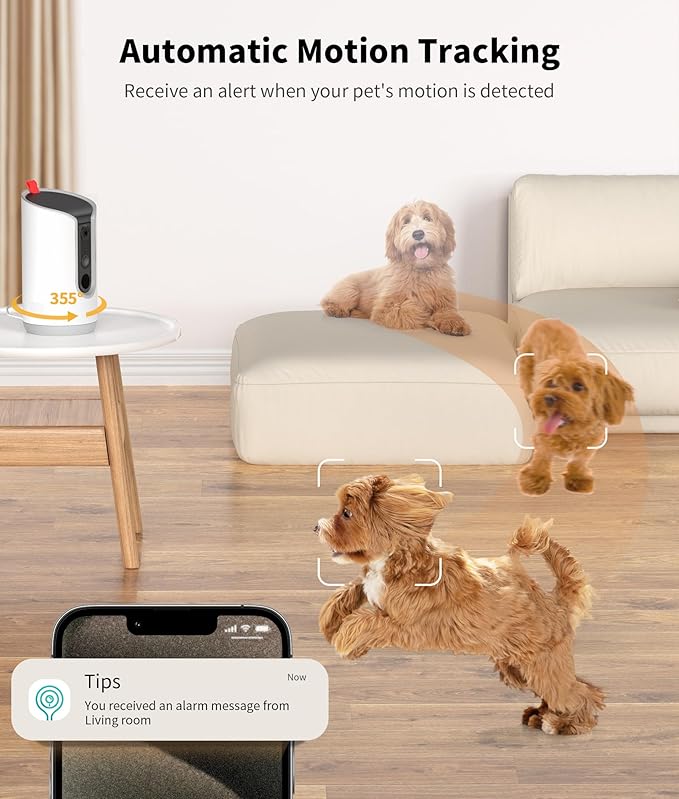 2K Pet Camera Treat Dispenser, 360°View Dog Camera with Phone App, 5G&2.4G WiFi 2-Way Talk Pet Cam Indoor for Cats Remote Treat Tossing, Motion Alerts, Auto Tracking-PurrikoPets