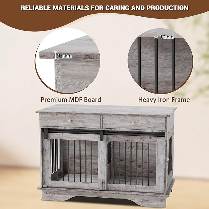 Dog Furniture Crate, 47" Large Dog Crate Furniture w/ 2 Storage Draws & Removable Divider for Large/Medium/Small Dogs (Grey, One Cage)-PurrikoPets