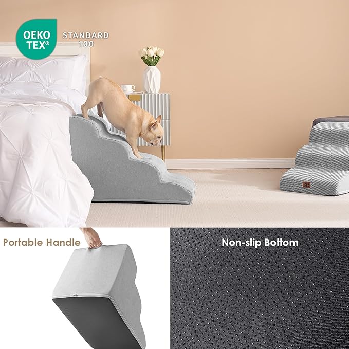 EHEYCIGA Curved Dog Stairs Ramp for High Beds 19.7" H, 4-Step Dog Steps for Small Dogs and Cats, Pet Stairs for High Bed Climbing, Non-Slip Balanced Pet Step Indoor, Light Grey-PurrikoPets