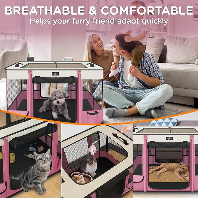 Foldable Pet Kitten Playpen, Upgrade Waterproof Portable Cat Dog Playpen Kennel Tent for Small Dog Cat, Removable Shade Cover, Come with Free Carrying Case, Indoor Outdoor Use for Small Pet, Pink-PurrikoPets