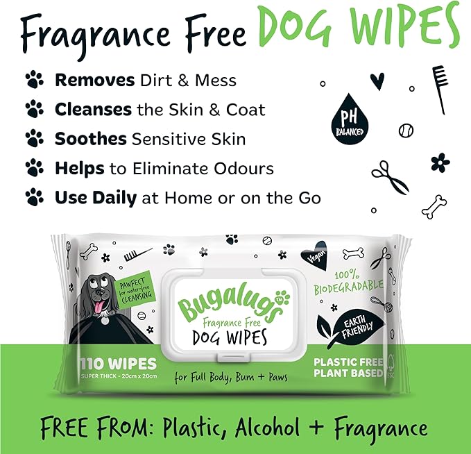 Dog Wipes, 100% Plastic Free Biodegradable pet Wipes for Full Body, Eye Wipes, Ear Wipes, Bum & Paws. 110 Sensitive Dog Grooming Wipes for Dogs, Puppy & cat Grooming (Fragrance Free)-PurrikoPets
