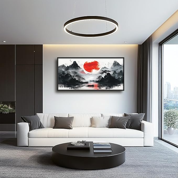Framed Large Japanese Mountain Wall Art for Living Room, Oversized Asian Red Sun Lake Landscape Wall Decor Nature Canvas Painting Home Decoration for Living Room Bedroom Office 60"x30"-PurrikoPets