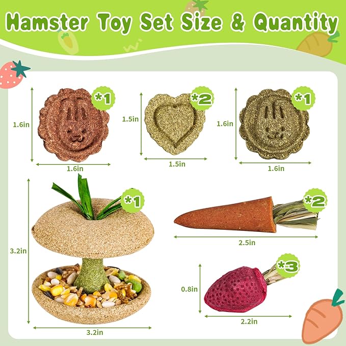 10 PCS Guinea Pig Chew Toys for Teeth, Rabbit Chew Toys Contain Natural Timothy Apple Core, Grass Cake, Carrot and Strawberry;Hamster toys for Bunny Chinchilla Gerbil Dental Care & Treat Teething-PurrikoPets