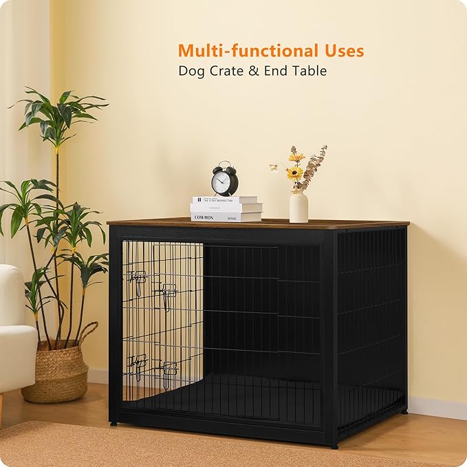 DWANTON Dog Crate Furniture with Cushion, Wooden Kennel Table with Double Doors, Indoor Dog House, Extra Large Size, 43.3" L, Black+Warm Brown-PurrikoPets