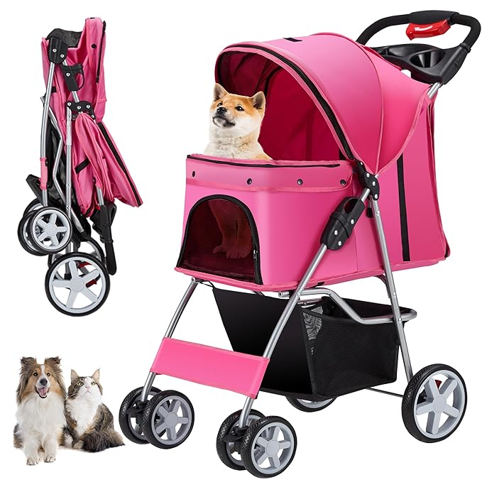 4 Wheels Pet Stroller for Small Medium Dogs Cats 10-33 lbs, Foldable Dog and Cat Stroller with Cup Holder & Storage Basket & Breathable Mesh, Pet Strolling Cart for All-Season, Pink-PurrikoPets