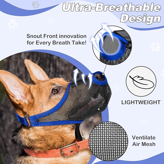 Dog Muzzle, Soft Air Mesh Muzzle for Small Medium Large Dogs Anti Biting Barking Chewing Scavenging, Breathable Adjustable Loop Pets Muzzle with Front Opening Design Allows Panting Drinking (Blue,XL)-PurrikoPets