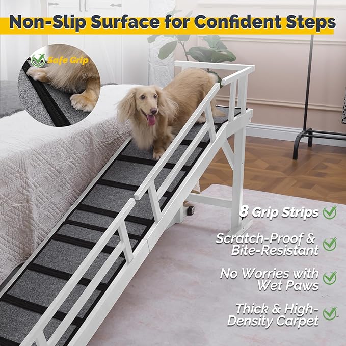 Dog Ramp for Bed or Couch, Wooden Pet Ramp with 20° Gentle Slope, Removable Side Rails, Non-Slip Surface, Top Platform & Wheels, Safe Bed Ramp for Small, Medium & Senior Dogs, 74" Long, White-PurrikoPets