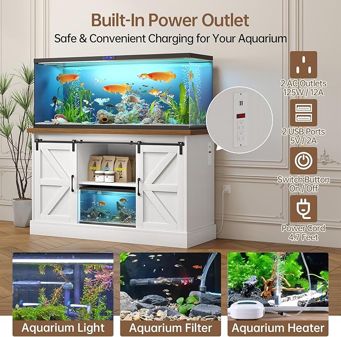 55-75 Gallon Fish Tank Stand with Sliding Barn Doors & Power Outlet, Heavy Duty Aquarium Stand with Cabinet Storage for Fish Tank, Turtle Tank, Reptile Terrarium, 1000LBS Capacity, White-PurrikoPets