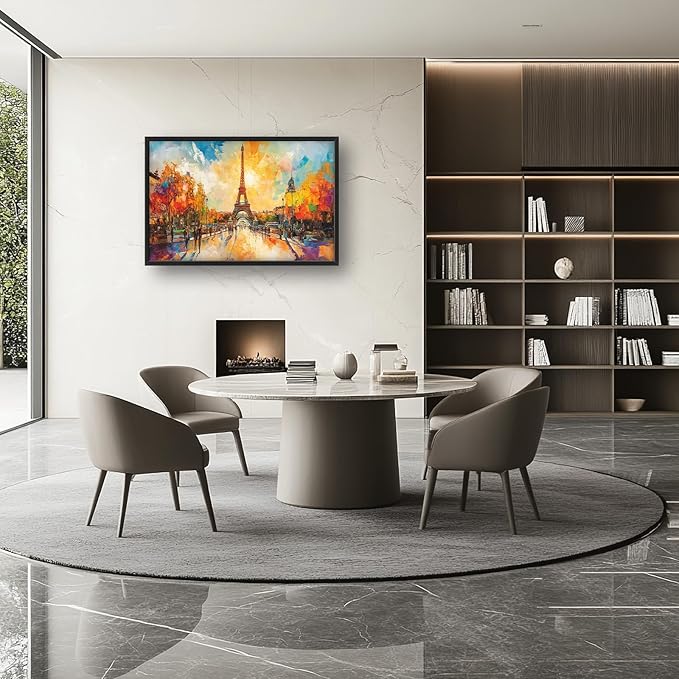 Framed Large Eiffel Tower Wall Art for Living Room, Oversized Paris City Street Landscape Wall Decor, Colorful Sunrise Canvas Painting Modern Artwork for Living Room Bedroom Office 36"x24"-PurrikoPets