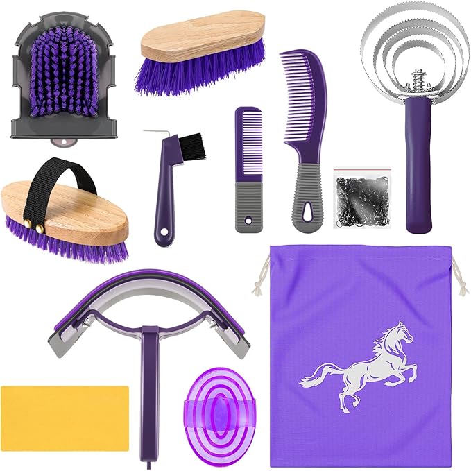 Abbylike 12 Pieces Horse Grooming Kit Racing Festival Tack Room Supplies Horse Brush Sets Equine Care Cleaning Kit Shedding Grooming Massaging Tools(Gray and Purple)-PurrikoPets
