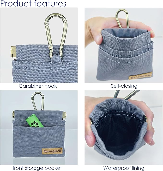Dog Treat Pouch, Small Cotton Pocket Sized Training Holder, Hand Free Walking Fanny Bag with Carabiner, Self-Closing Pet Feed Snack Reward, Behavior Aids for Puppy Travel or Outdoor (Grey)-PurrikoPets