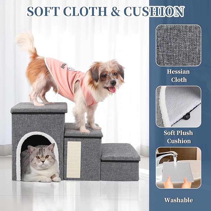 Dog Stairs for High Bed and Couch, 4 IN 1 Foldable Pet Stairs for Cats & Small and Medium Dogs, Adjustable Dog Steps with Pet Climbing Ladders/Cozy Condo/Storage Boxes/Cat Scratcher, Hold Up to 180LBS-PurrikoPets