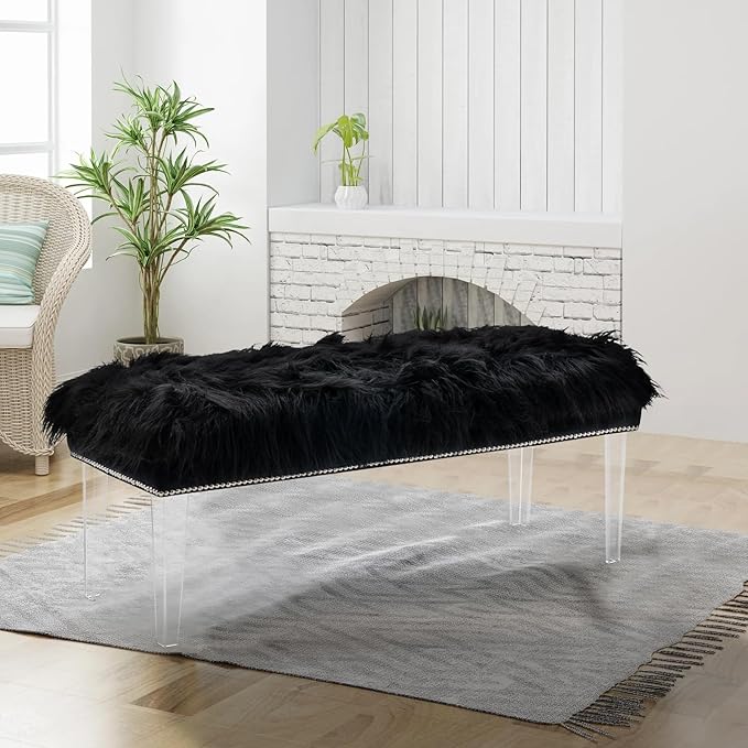 46 Inch Black Bedroom Bench, Benches for Bedroom White Faux Fur Upholstered Bed end Bench, Tufting Bench Indoor Bench with Acrylic Legs for Living Room Bedroom Dining Room Entryway, Black-PurrikoPets