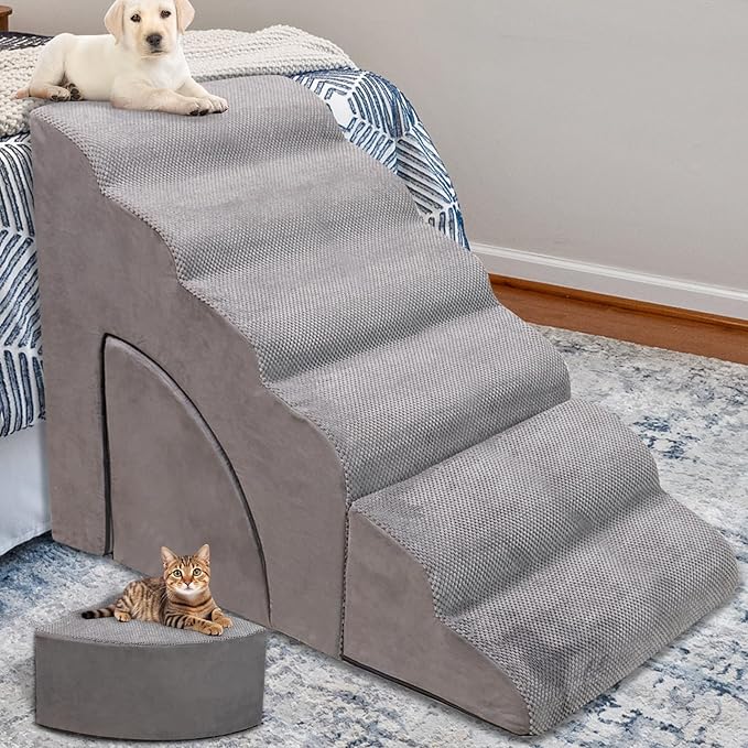 Foam Dog Stairs & Steps Ramps for High Beds 30 inches Tall for Small Dogs and Cats, LitaiL 6 Step Pet Stairs Steps for High Beds 30 inch Large Dogs, Non-Slip Dog Ramps for Older Cat-PurrikoPets